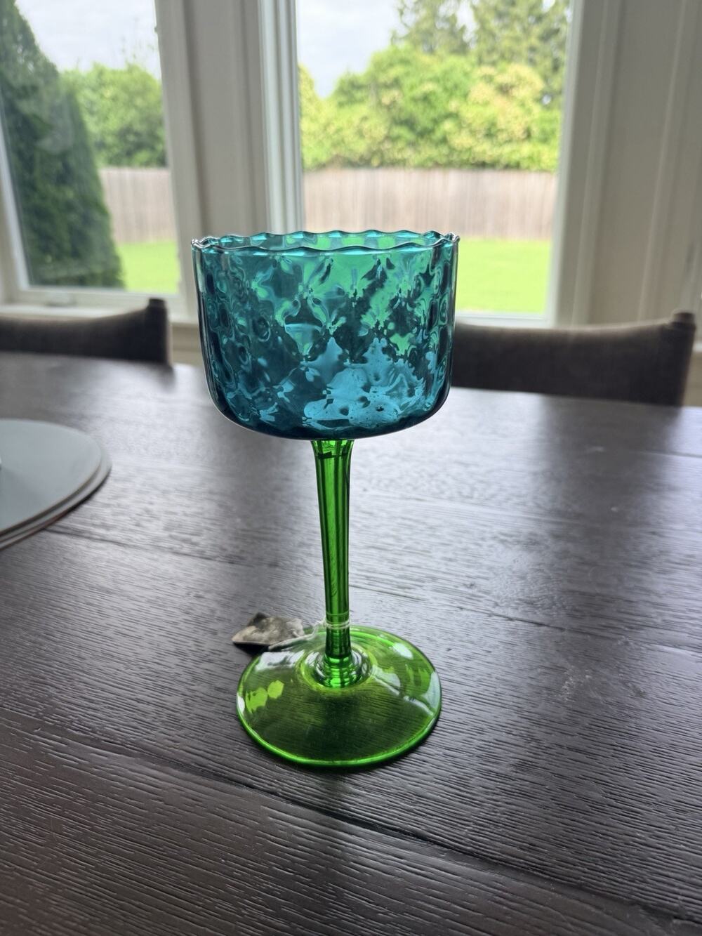 VTG MCM Empoli Italian Art Glass Goblet, Blue & Green Honeycomb Glass